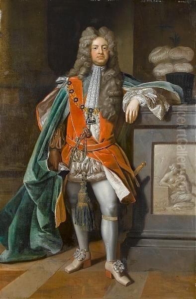 Portrait Of Charles Montagu, 1st
 Earl Of Halifax (1661-1715), Standing Full-length, In The Robes Of The 
Order Of The Garter Oil Painting by Michael Dahl