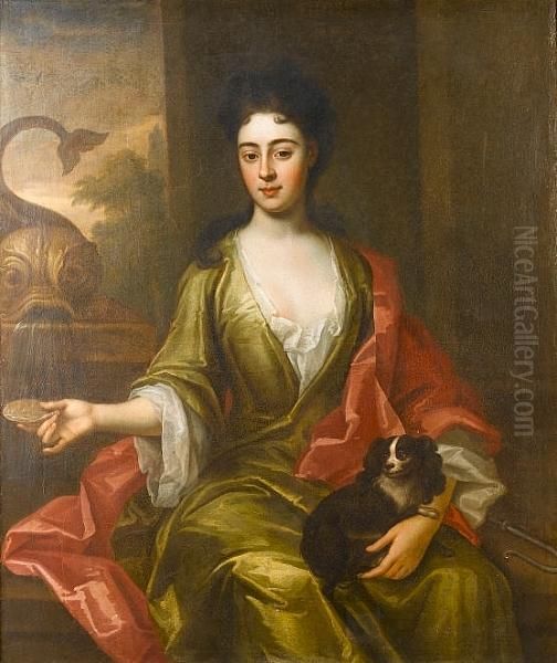 Portrait Of A Lady, Said To Be 
Elizabeth Gurney, Seated Three-quarter-length, In A Green Dress With A 
Red Wrap, A Spaniel On Her Lap, At A Fountain Oil Painting by Michael Dahl