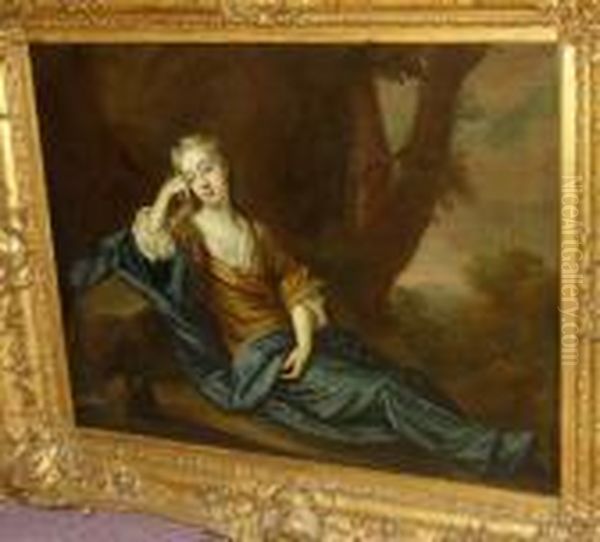 Portrait Of A Lady, Wearing A 
Dark Yellow Dress Over White Chemise And A Dark Blue Wrap, Reclining In 
An Arcadian Landscape Oil Painting by Michael Dahl