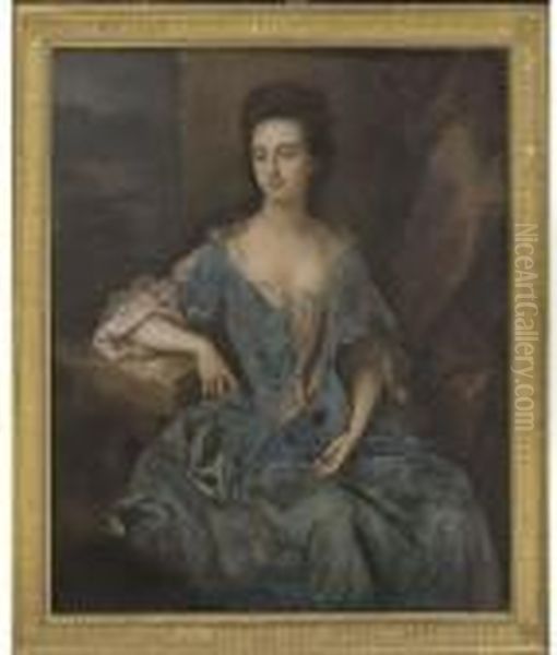 Portrait Of A Lady, Thought To 
Be Mrs Levinz, Three-quarter-length,seated In A Blue Dress, Her Right 
Arm Resting On A Ledge, A Woodedlandscape Beyond Oil Painting by Michael Dahl
