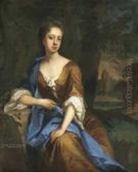 Portrait Of Dorothy Brudenell, 
Countess Of Westmorland, Three-quarter-length, Seated In An Ochre Dress 
With A Blue Wrap, In An Extensive Wooded Landscape Oil Painting by Michael Dahl