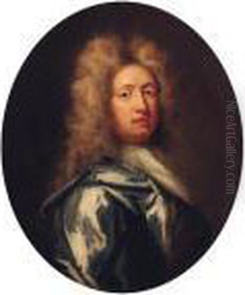 Portrait Of John Lyons, 
Half-length, In A Blue Cloak And Whitestock; And Portrait Of Mary Lyons,
 Half-length, In A Green Dresslined In Red Oil Painting by Michael Dahl