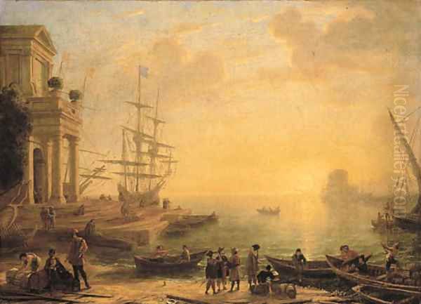 A capriccio of an Italianate harbour at sunset, with merchants, fishermen and stevedores on the shore in the foreground, men-o'-war at a quay beyond Oil Painting by Claude Lorrain (Claude Gellee)