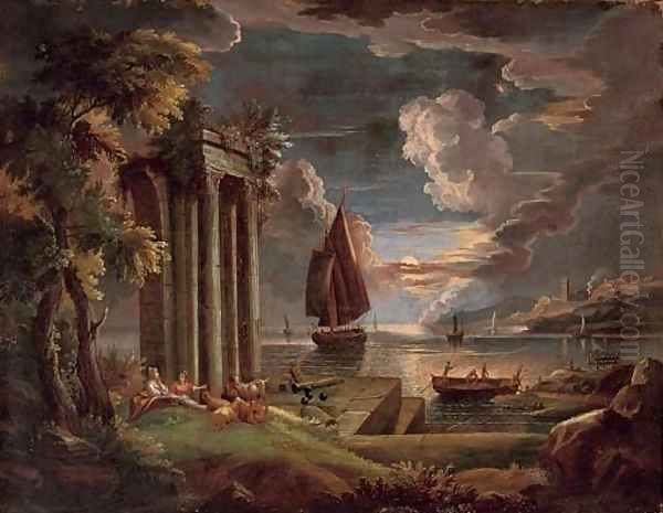 A Mediterranean coastal landscape at twilight with shepherdesses and their goats at rest by classical ruins, shipping beyond Oil Painting by Claude Lorrain (Claude Gellee)