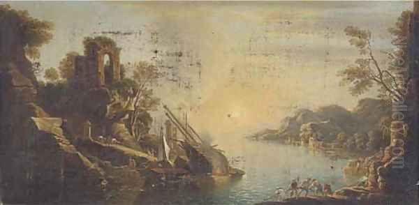 A capriccio of a Mediterranean coastal inlet with shipping and fisherman pulling in the catch Oil Painting by Claude Lorrain (Claude Gellee)
