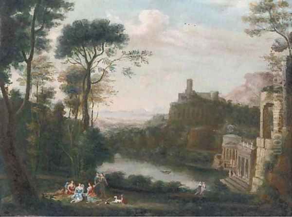 A classical landscape with figures above a lake Oil Painting by Claude Lorrain (Claude Gellee)