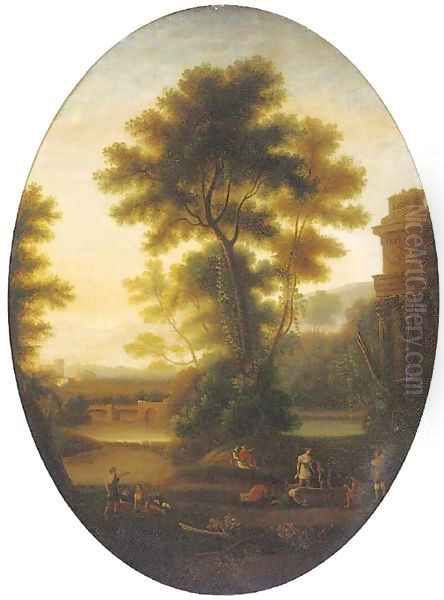 A classical landscape with wine makers and other figures by ruins, in a feigned oval Oil Painting by Claude Lorrain (Claude Gellee)