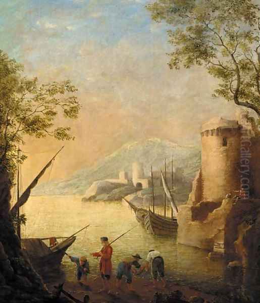 A harbour at sunset with fishermen by the shore Oil Painting by Claude Lorrain (Claude Gellee)