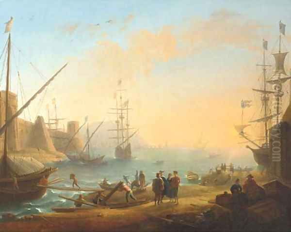 A Mediterranean harbour with shipping and merchants on the shore Oil Painting by Claude Lorrain (Claude Gellee)
