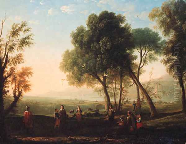 An Italianate river landscape with figures dancing in a glade Oil Painting by Claude Lorrain (Claude Gellee)