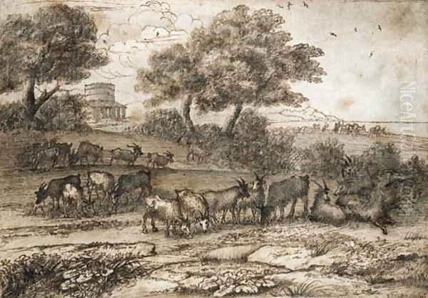 An extensive Mediterranean landscape with a tower and a herd of goats Oil Painting by Claude Lorrain (Claude Gellee)