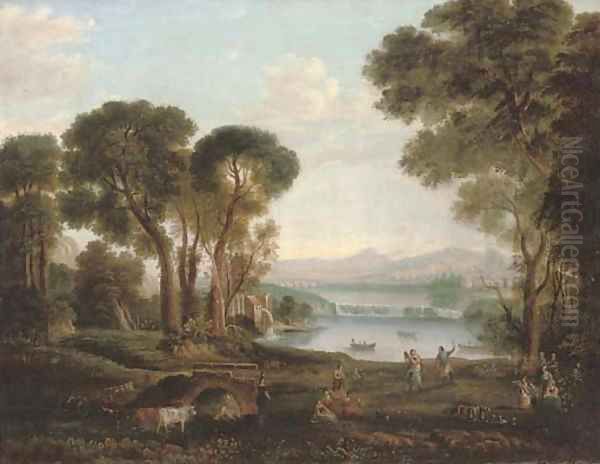 An Italianate river landscape with figures dancing and making music on a bank, a town beyond Oil Painting by Claude Lorrain (Claude Gellee)