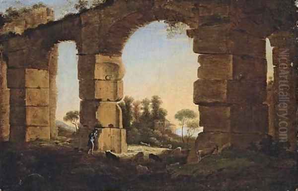 An Italianate evening landscape with a shepherd and his flock by a ruined aqueduct Oil Painting by Claude Lorrain (Claude Gellee)