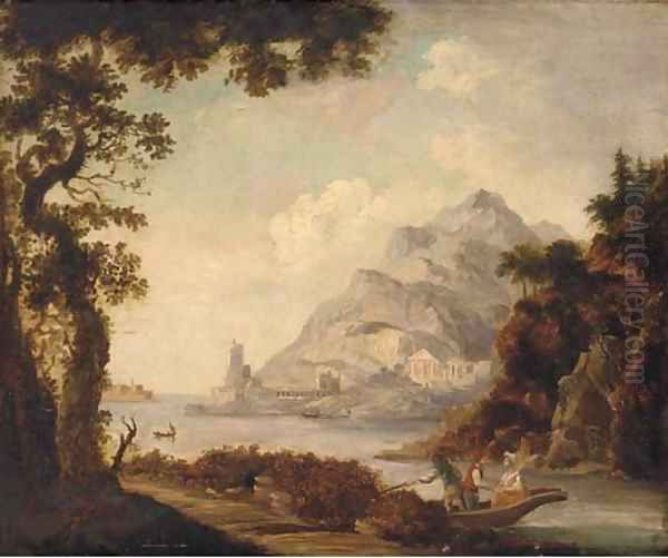 Figures in a boat before classical ruins, in a Mediterranean harbour Oil Painting by Claude Lorrain (Claude Gellee)