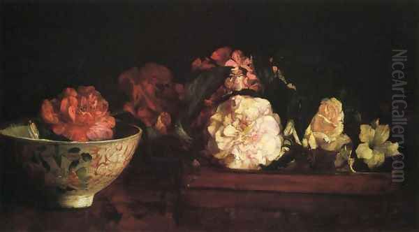 Flowers In A Japanese Tray On Mahogany Table Oil Painting by John La Farge