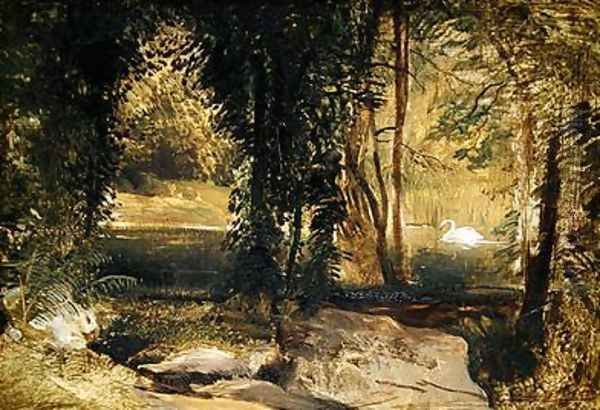 A Woody Landscape with a Swan on a Pond Oil Painting by Sir Edwin Henry Landseer