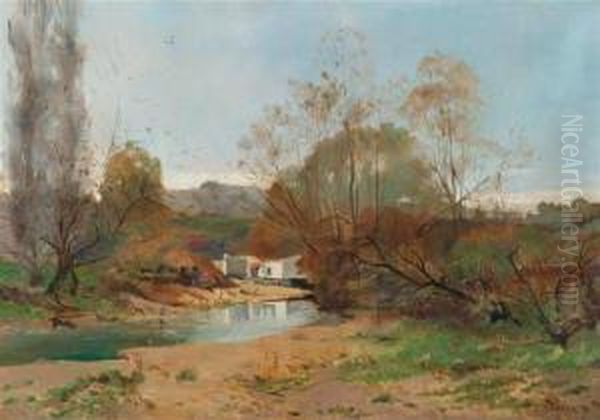 River Landscape Oil Painting by Pierre-Emmanuel Damoye