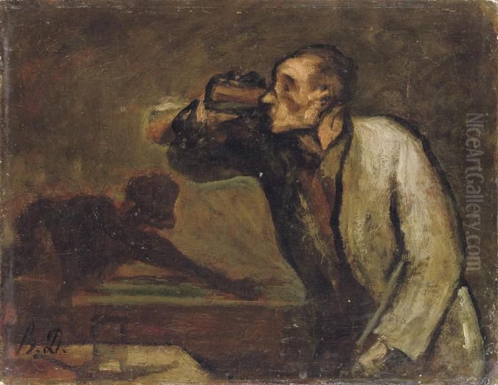 Joueurs De Billiard (le Buveur) Oil Painting by Honore Daumier