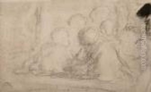 Group Of Figures And Portrait Study Of A Man Oil Painting by Honore Daumier