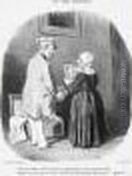 Les Bons Bourgeois, Pl. 28. (< - Tiens, Ma Femme, V'la Mon Portrait
 Au Daguerreotype... >) 1846. Oil Painting by Honore Daumier