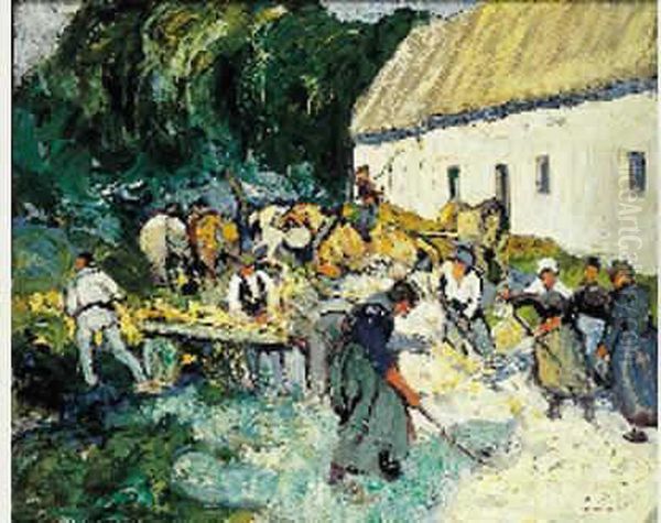 Le Battage De Ble Oil Painting by Pierre De Belay