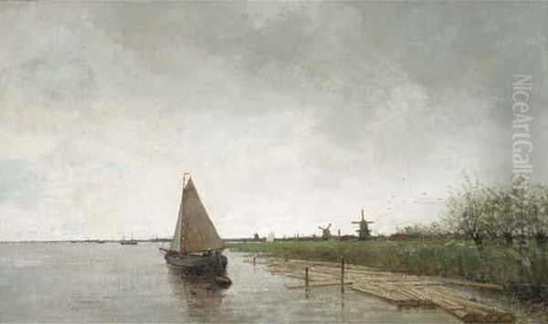 A River Landscape With Vessels, A City Beyond Oil Painting by Theophile Emile Achille De Bock