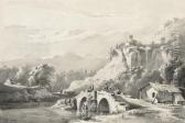 An Extensive Mountainous 
Landscape With Travellers On A Bridge By A Cottage, A Town Seen Beyond Oil Painting by Jean-Jacques De Boissieu