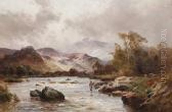Trout Fishing In Snowdonia, Capel Curig Oil Painting by Alfred de Breanski