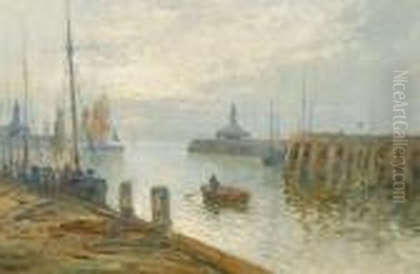 Early Morning Lowestoft Harbour Lookingeast Oil Painting by Alfred Fontville De Breanski