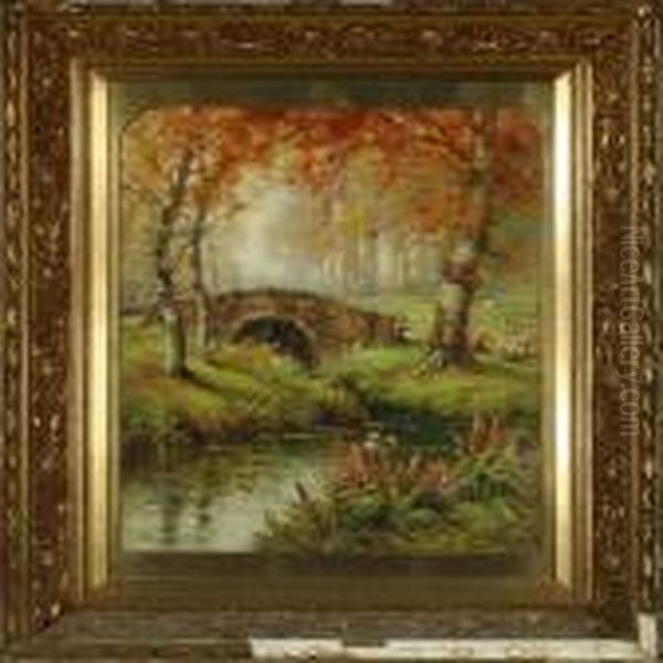 Forest With A Bridge And A Stream Oil Painting by Alfred Fontville De Breanski