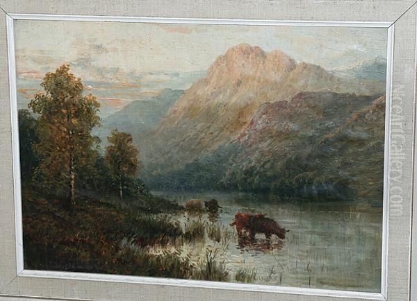 Highland Cattle Watering In A Loch Oil Painting by Alfred Fontville De Breanski