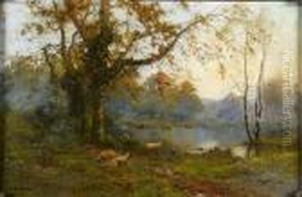 Sheep Grazing By A Lake, Autumn Oil Painting by Alfred Fontville De Breanski