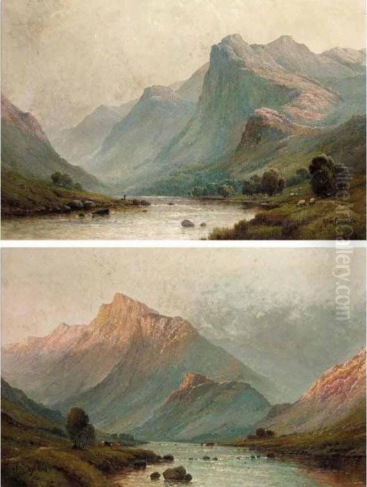 Evening In A Highland Glen; Early Morning On A Perthshire River Oil Painting by Alfred Fontville De Breanski