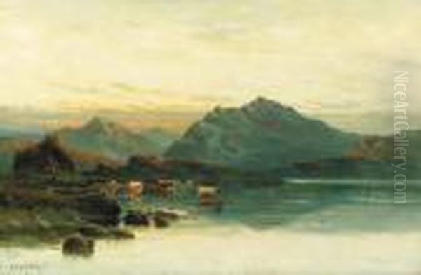 Cattle Watering, Loch Fad Oil Painting by Alfred Fontville De Breanski