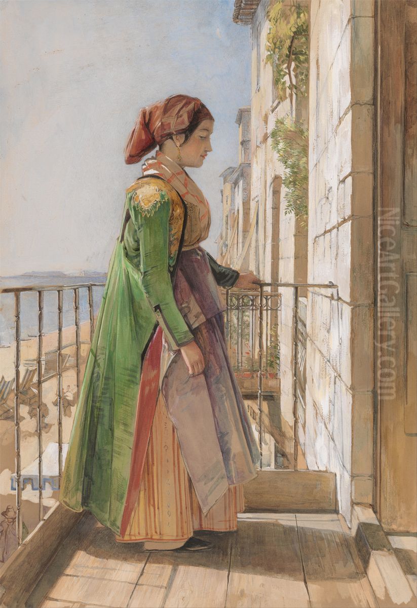 A Greek Girl Standing on a Balcony Oil Painting by John Frederick Lewis