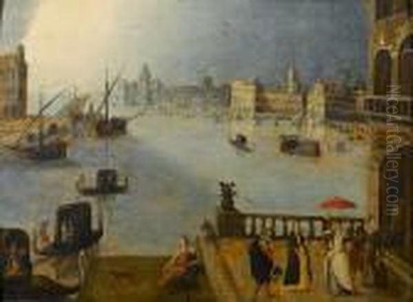 A Venetian 
Capriccio
, With Elegant Figures On A Terrace Oil Painting by Louis de Caullery