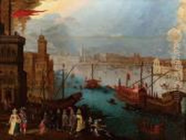 Veduta Fantastica Del Bacino Di 
San Marco A Venezia Con Il Bucintoro E Fuochi Artificiali Oil Painting by Louis de Caullery