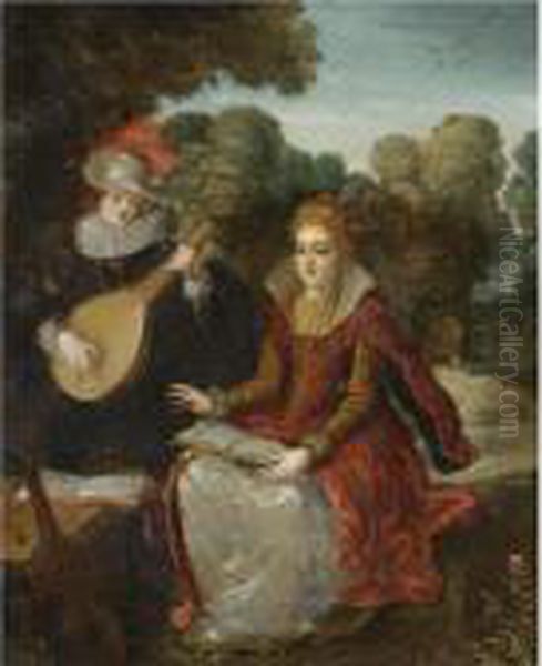 An Elegant Courting Couple In A 
Park, The Gentleman Playing A Lute And The Lady Holding A Book Oil Painting by Louis de Caullery