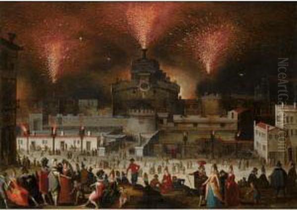 Rome, A View Of The Castel 
Sant'angelo During The 'girandole' With Elegant Figures Watching And 
Promenading In The Foreground Oil Painting by Louis de Caullery