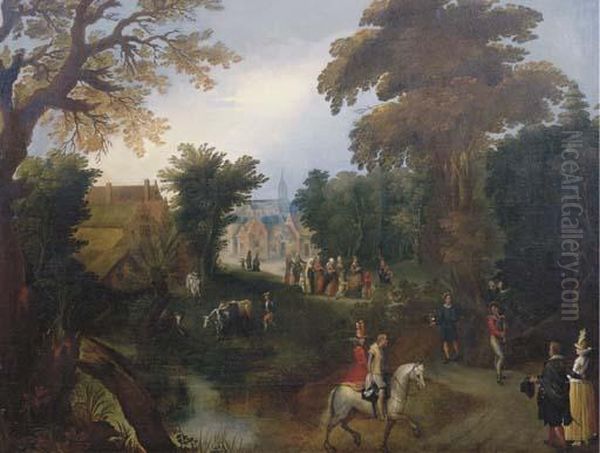 A Wooded Landscape With Elegant 
Company On A Path, The Procession Of The Bride In A Village Beyond Oil Painting by Louis de Caullery