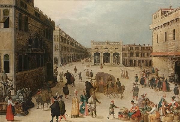 The Piazza Della Signoria, 
Florence, With A Carriage, Numerous Elegant Figures And Townsfolk 
Selling Their Wares Oil Painting by Louis de Caullery