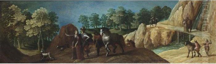 An Elegant Hunting Party In A 
Wooded River Landscape, Other Figures And Horses In The Background Near A
 Waterfall Oil Painting by Louis de Caullery