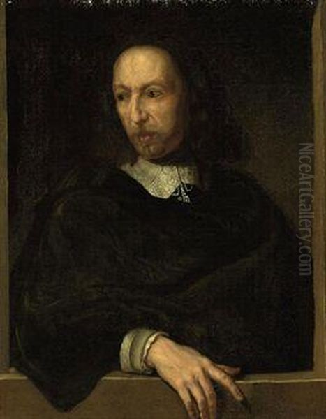 Self-portrait Of The Artist, 
Half-length, In A Black Cloak, Hisright Hand Resting On A Ledge Oil Painting by Philippe de Champaigne