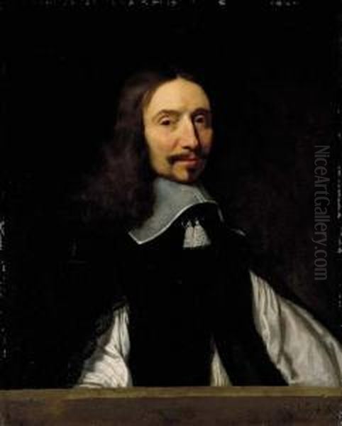 Portrait Of A Gentleman, 
Presumably The Academician, Vincent Voiture, Bust-length, In A Black 
Doublet With Slashed Sleeves, At A Stone Ledge Oil Painting by Philippe de Champaigne