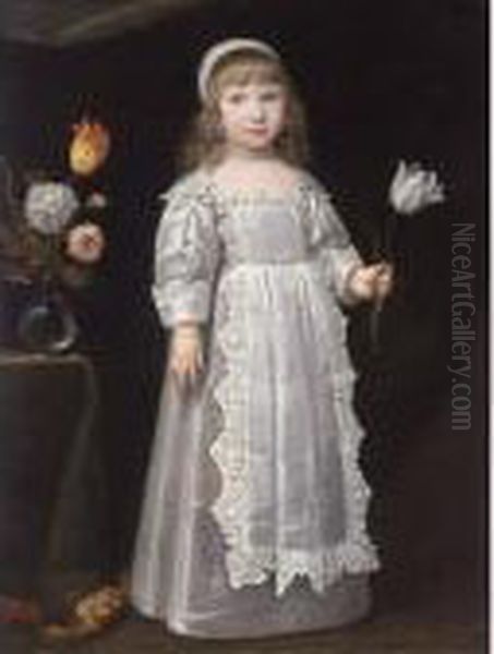 A Portrait Of A Young Girl, 
Standing Full-length, Wearing A White Dress With An Apron Set With Lace 
And A White Bonnet, Holding A Tulip In Her Left Hand, A Vase With 
Flowers Beside Her On A Table Oil Painting by Philippe de Champaigne
