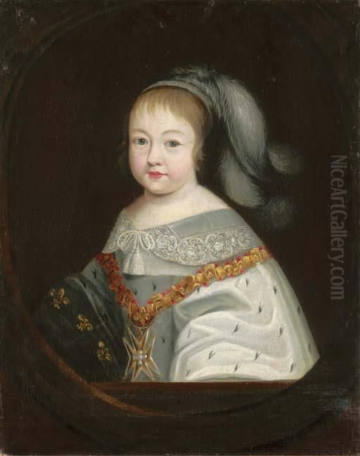 Portrait Of The Infant King 
Louis Xiv, Bust-length, With The Collarof The Order Of The Saint Esprit,
 In A Feigned Oval Oil Painting by Philippe de Champaigne