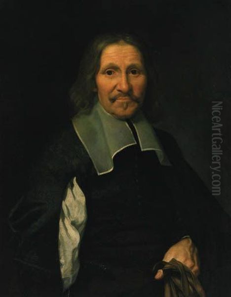 Portrait Of A Gentleman, 
Half-length, In Black Costume With A Lawncollar, Holding A Pair Of 
Gloves Oil Painting by Philippe de Champaigne