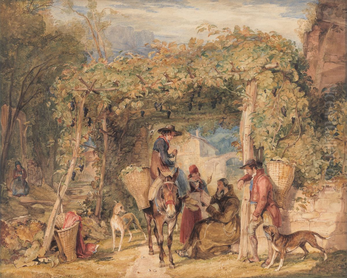 Figures and Animals in a Vineyard Oil Painting by John Frederick Lewis