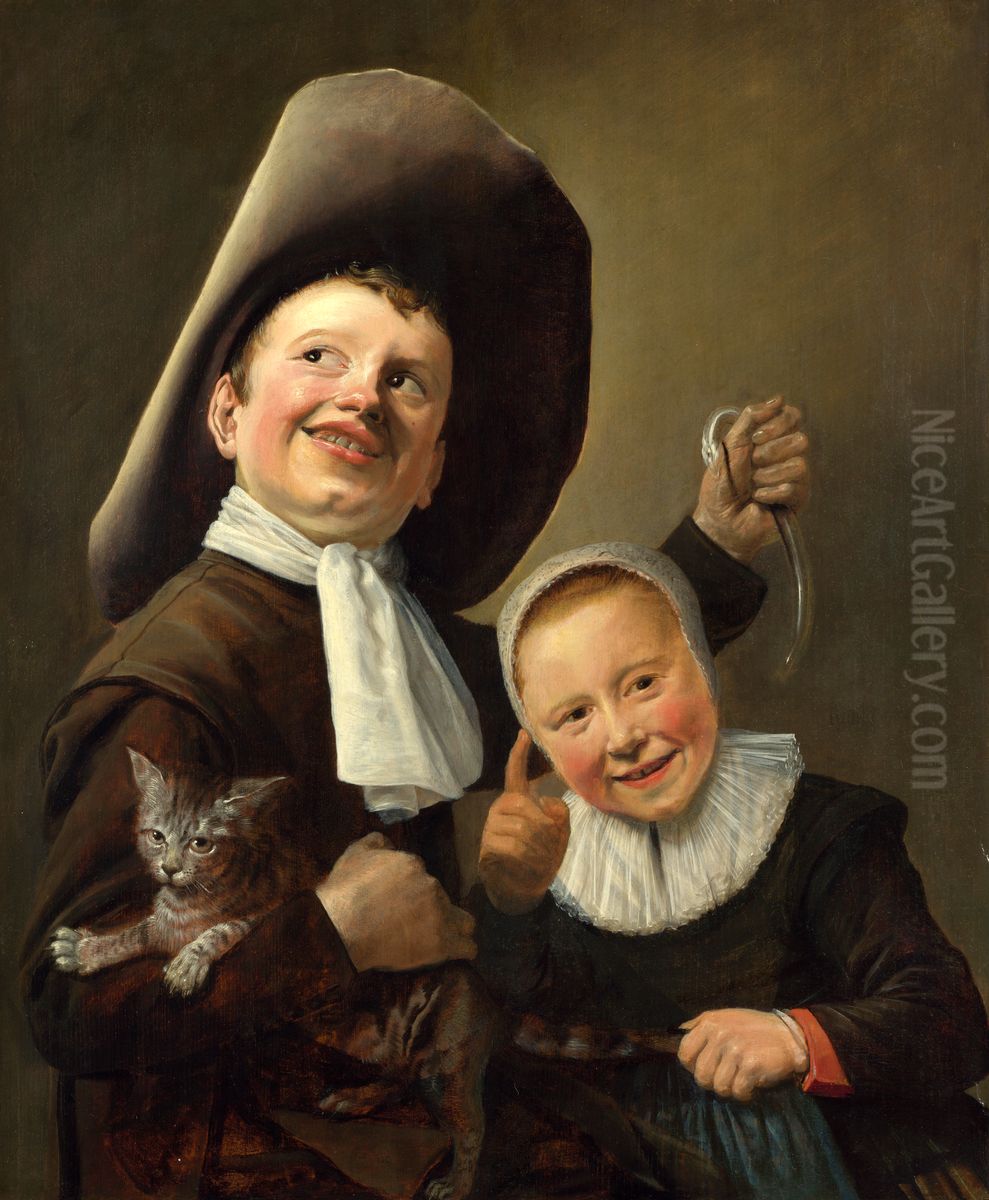 A Boy and a Girl with a Cat and an Eel Oil Painting by Judith Leyster