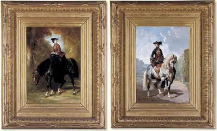 An Elegant Lady On A Dapple-grey
 Horse In A Park; An Elegant Lady On A Chesnut Horse In A Wooded Copse Oil Painting by Alfred De Dreux